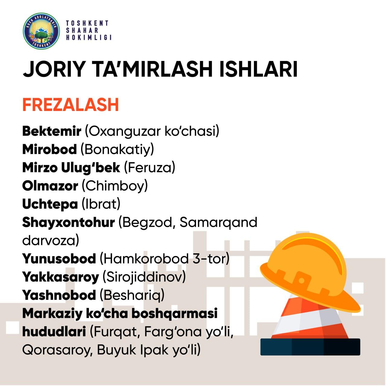 В рамках программы «Ударные 90 дней», инициированной Центром организации дорожного движения города Ташкента, за прошедшие пять дней выполнен комплекс плановых работ по улучшению дорожной инфраструктуры столицы